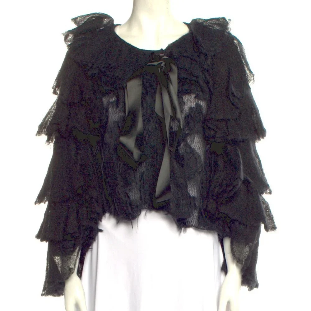 2009 CHANEL 09A Gossamer Mohair Knit Ruffled Fantasy Evening Jacket Black FR-38